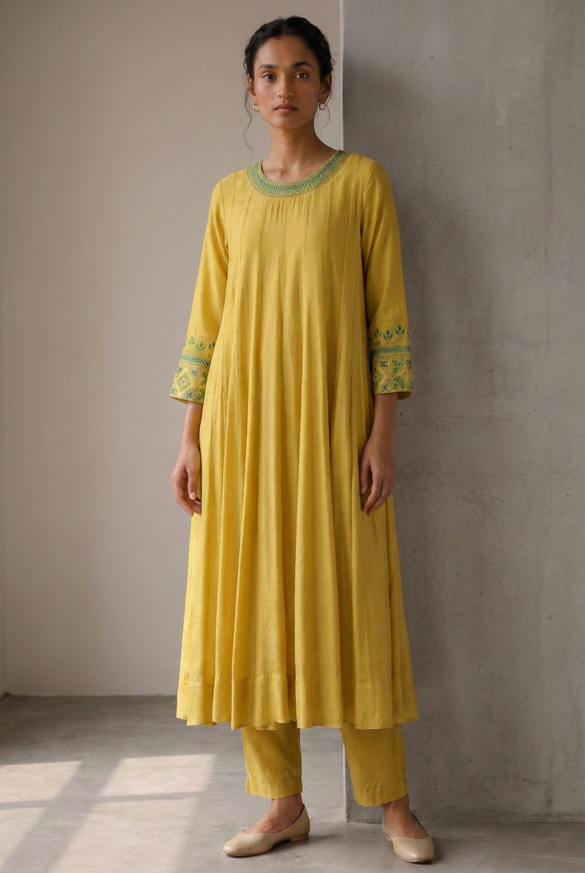 Mustard & Teal Embroidered Cotton Silk Kurta Set