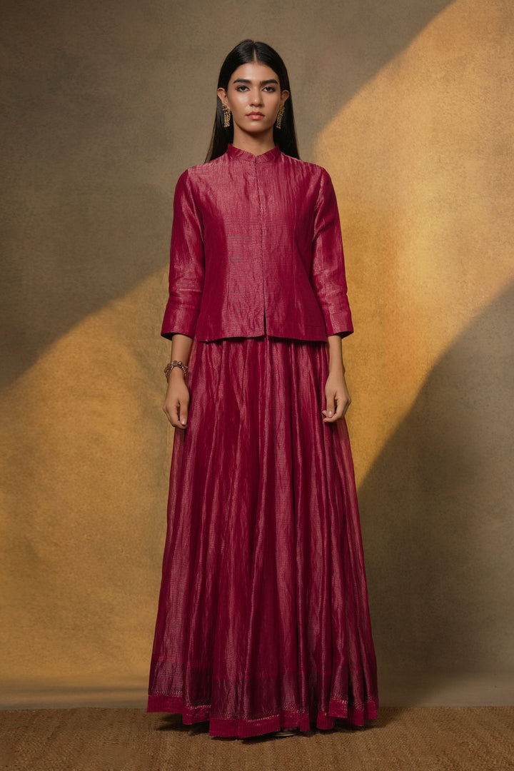 Magenta Pink Hand Embroidered Striped Tissue Skirt