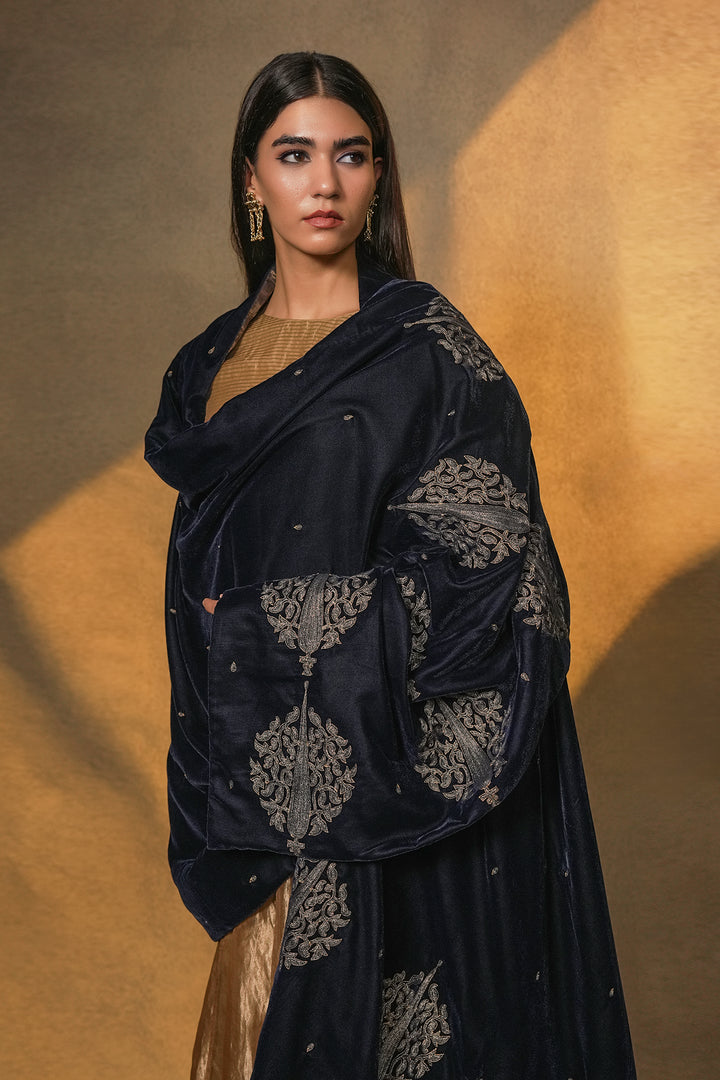 Navy Hand Embroidered Velvet Dupatta