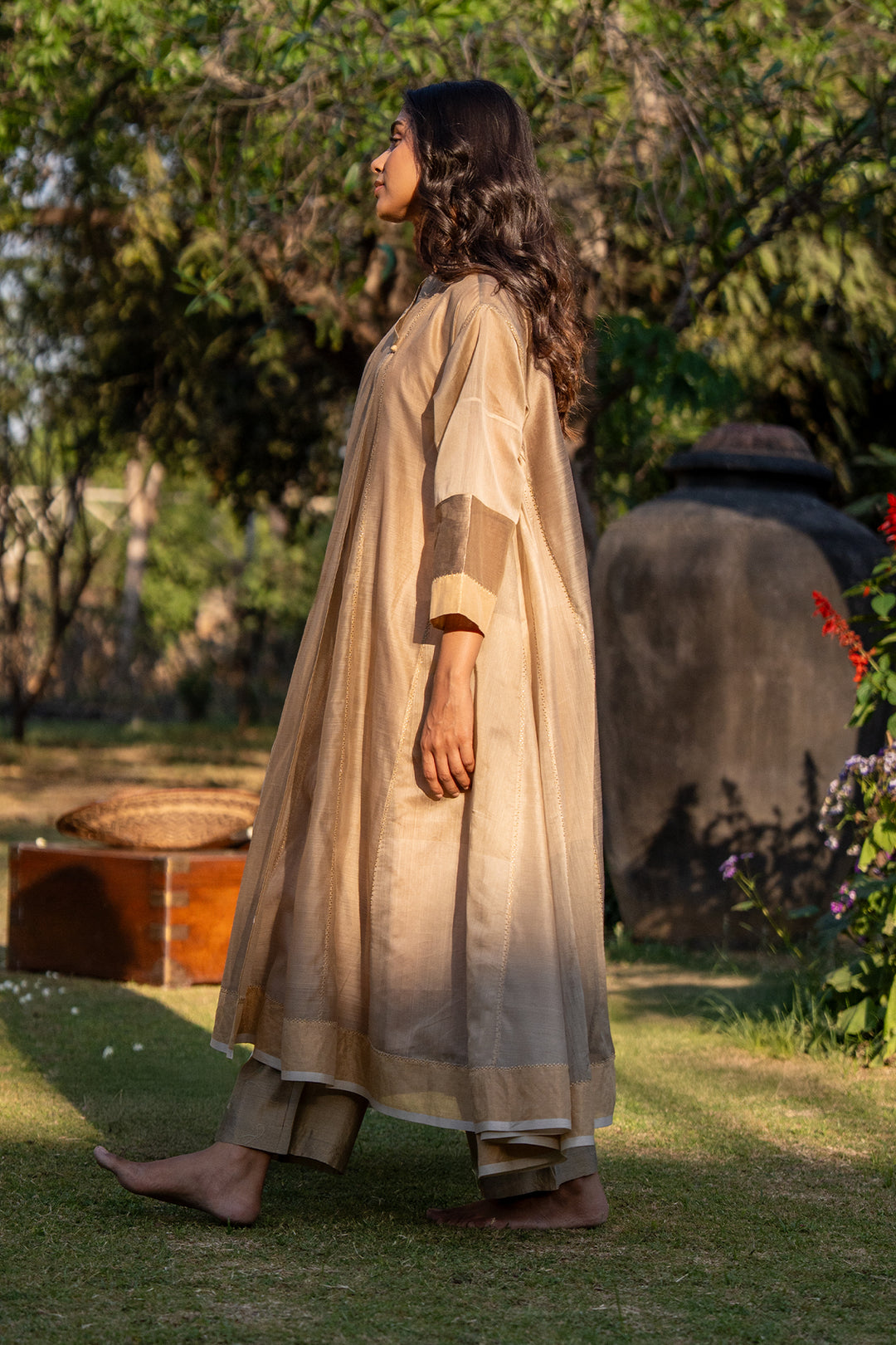 Beige Chanderi Embroidered Choga