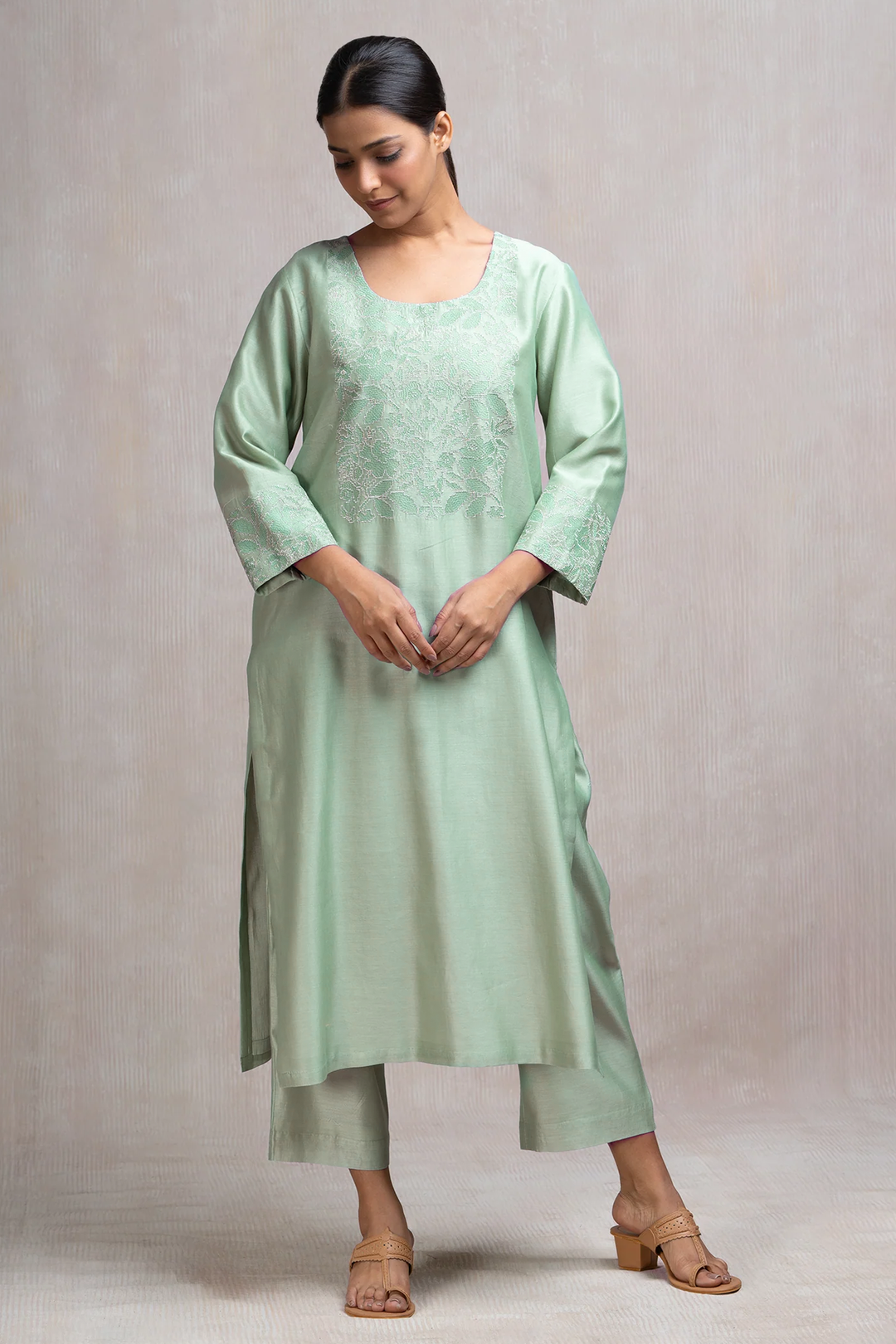 Mint Thread & Zari Embroidered Kurta Set with Pants & Dupatta