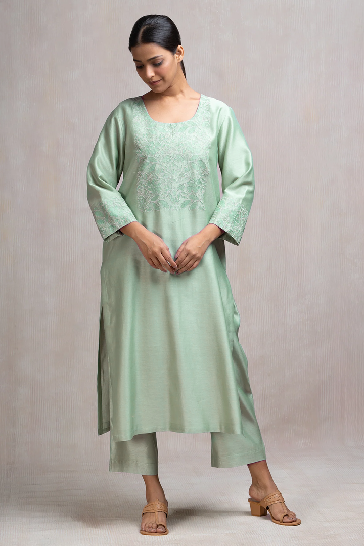 Mint Thread & Zari Embroidered Kurta Set with Pants & Dupatta