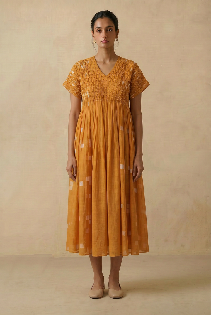 Mustard Printed Chanderi Dress