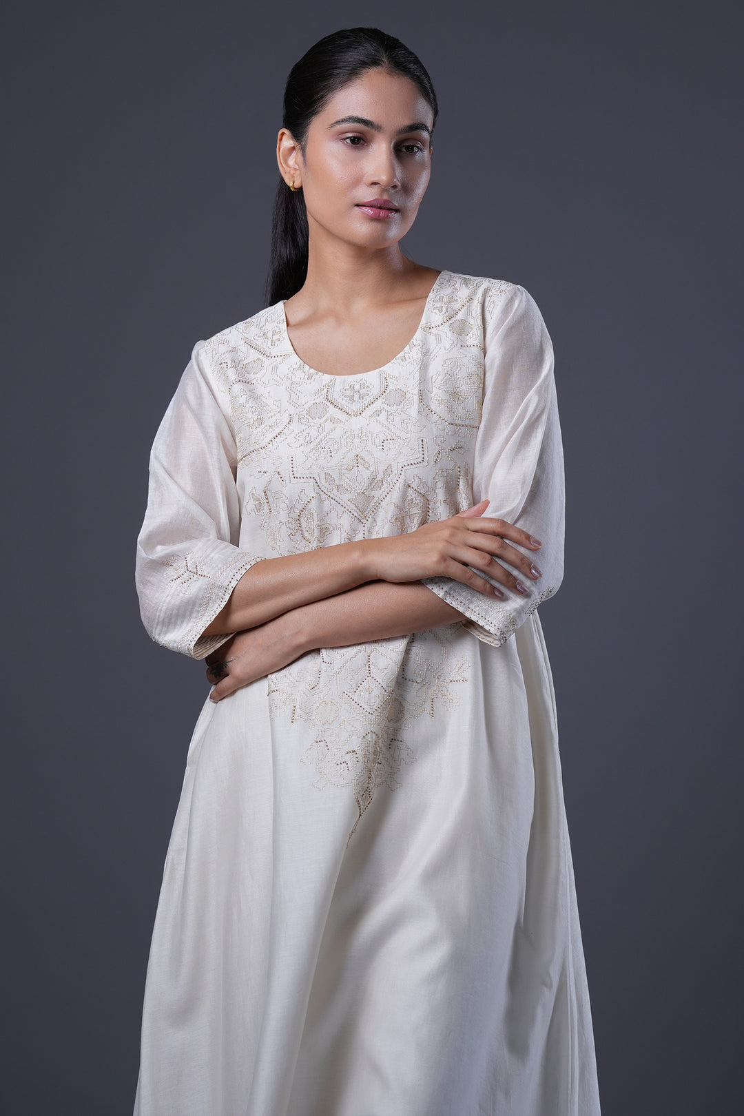 Natural Hand Embroidered Chanderi Kurta