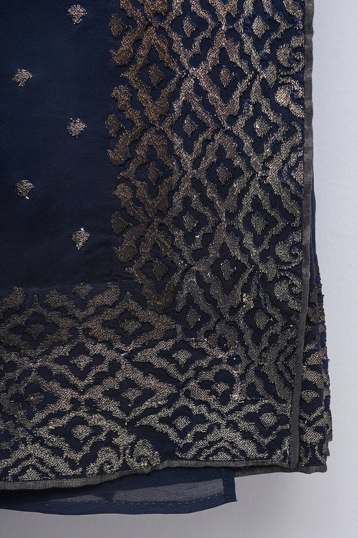 Navy Blue Georgette Embroidered Saree