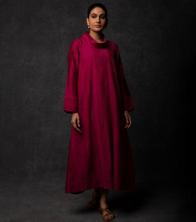 Magenta Pintuck Embroidered Chanderi Dress