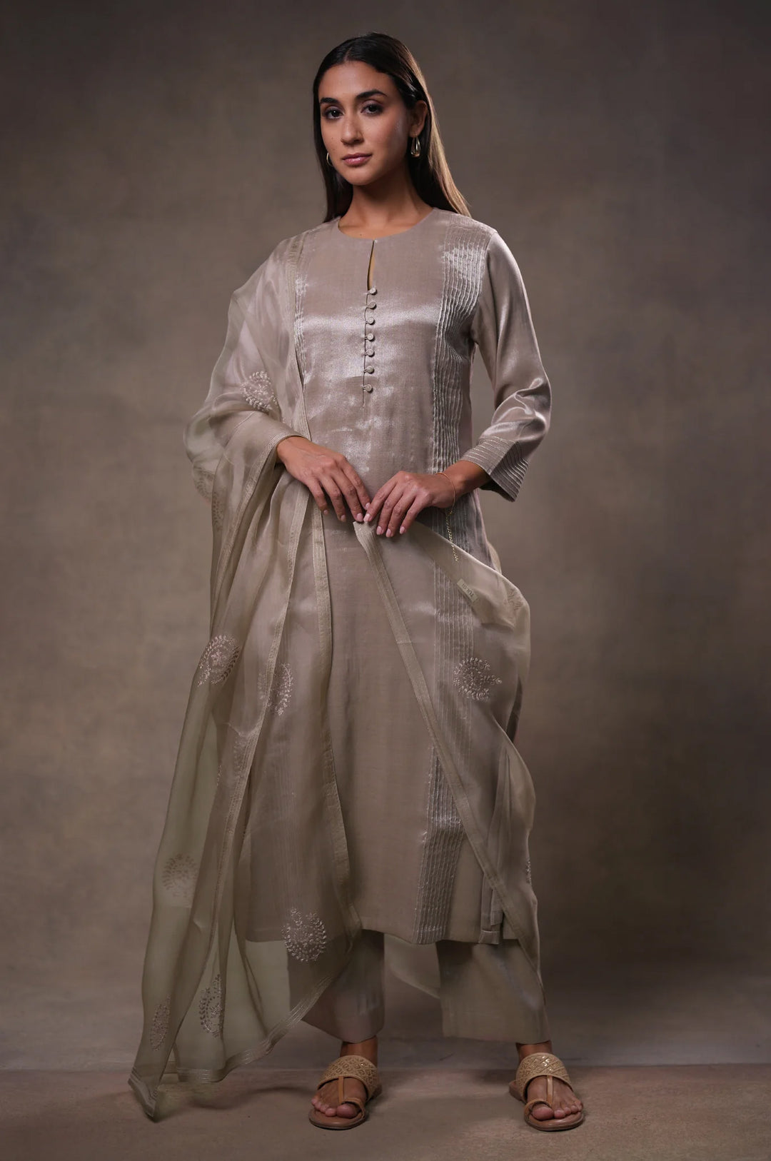 Champagne Tissue Kurta with Pants and Dupatta