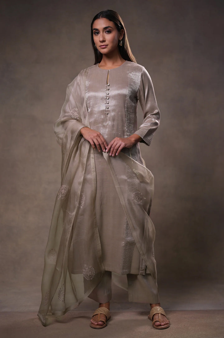 Champagne Tissue Kurta with Pants and Dupatta