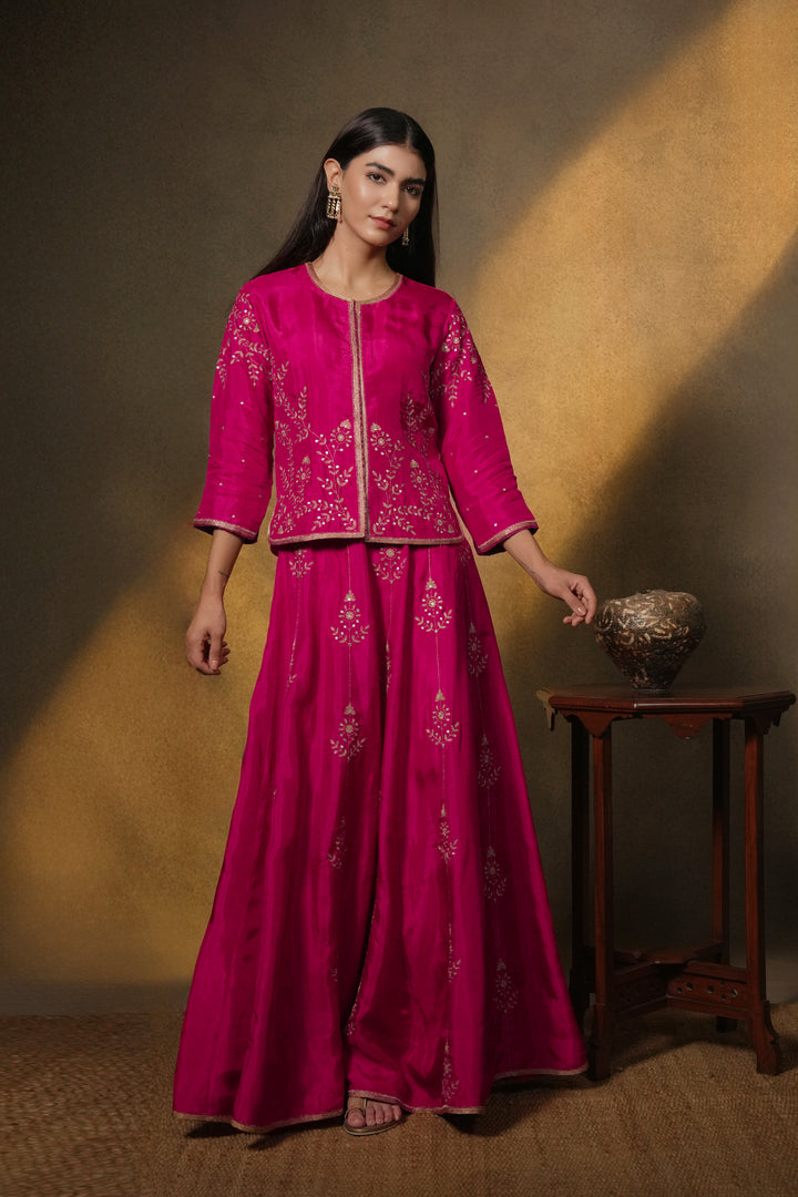 Pink Hand Embroidered Silk Lehenga with Kurti & Dupatta - Set of 3