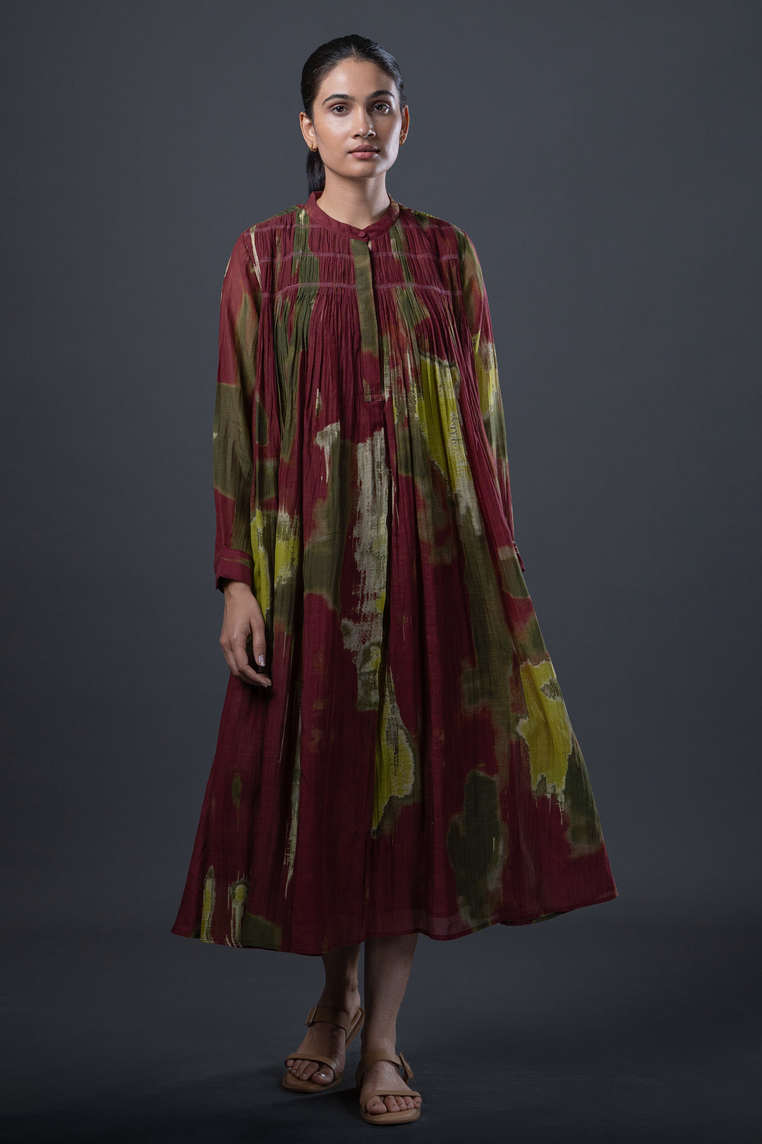 Maroon and Green Abstract Print Pleated Chanderi Midi Dress Tulsi Online Maroon and Green Abstract Print Pleated Chanderi Midi Dress Tulsi Online