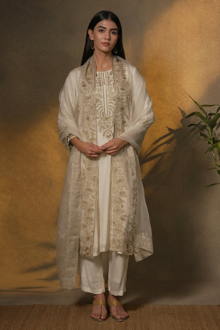 Natural Hand Embroidered Cotton Silk Kurta with Pants and Organza Dupatta