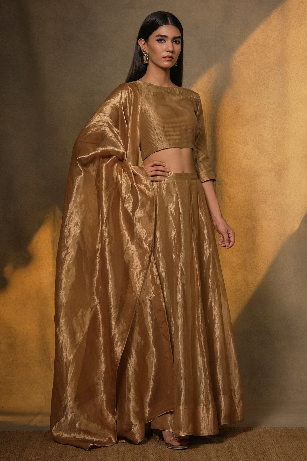 Golden Stripe Tissue Blouse with Lehenga and Dupatta