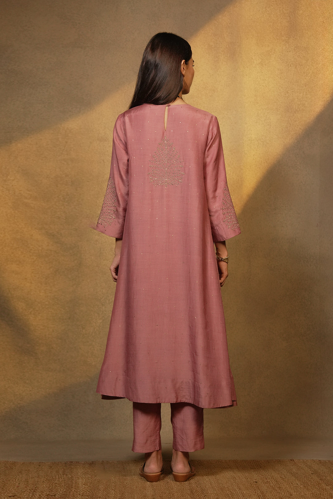 Onion Pink Hand Embroidered Cotton Silk Kurta with Pants and Dupatta