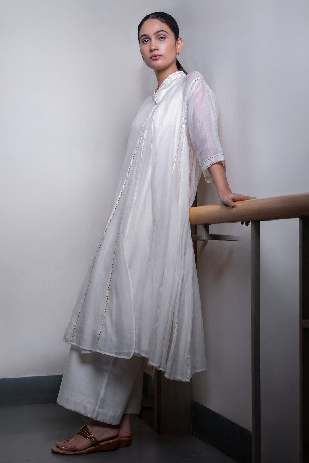 Natural Embroidered Chanderi Choga