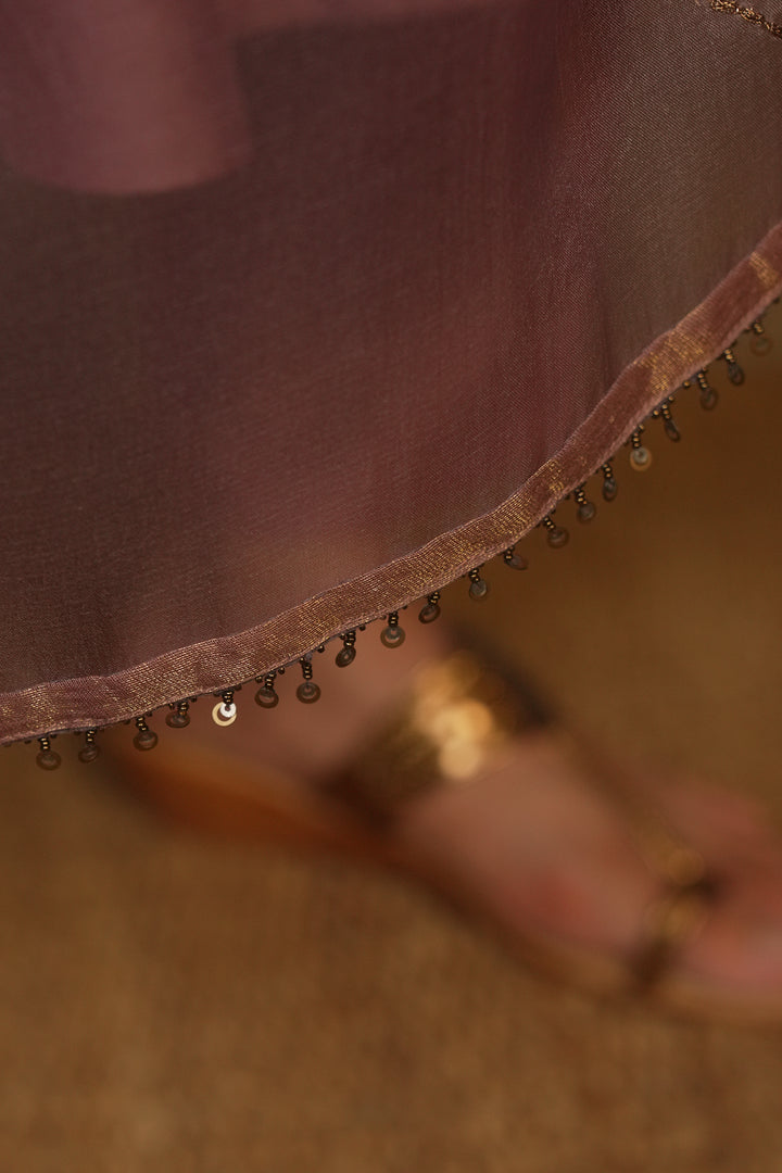 Mauve Hand Embroidered Organza Dupatta