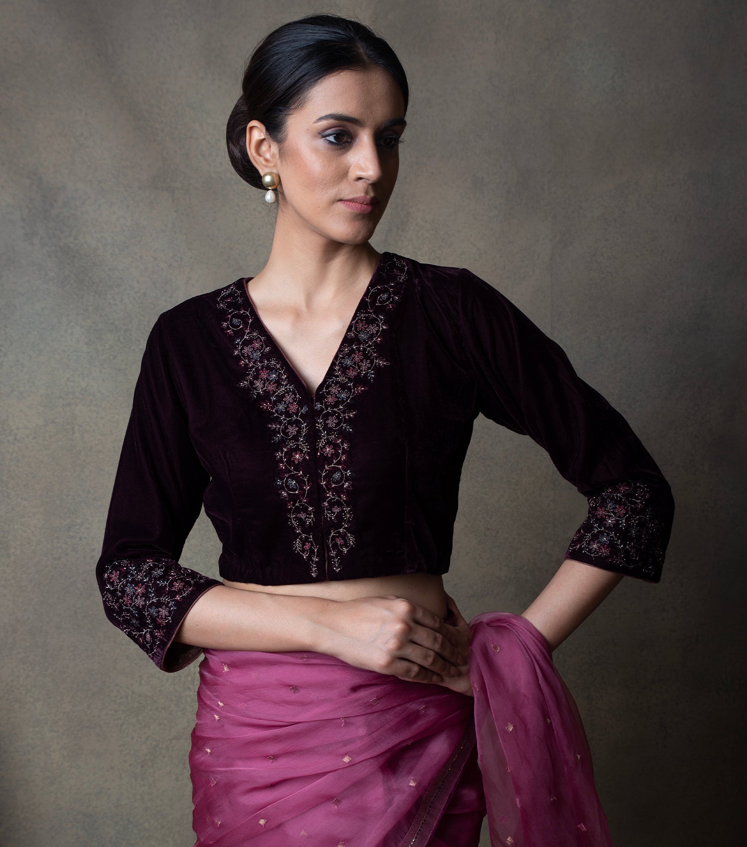 Plum Embroidered Velvet Blouse – Tulsi Online