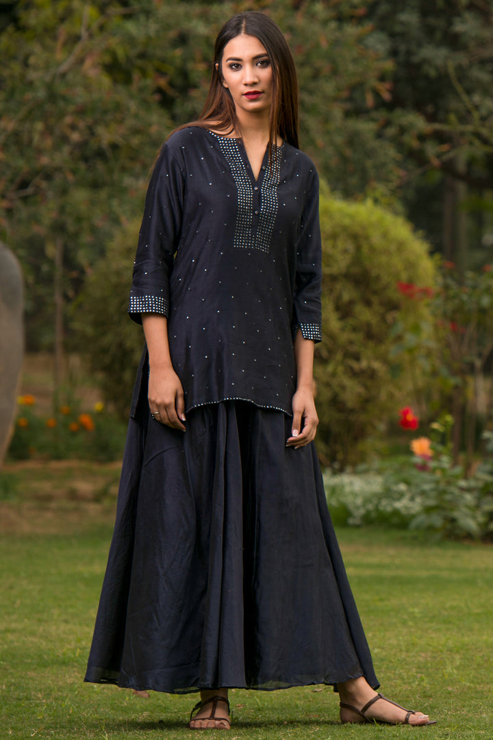 Navy Blue Chanderi Mirror Work Skirt set