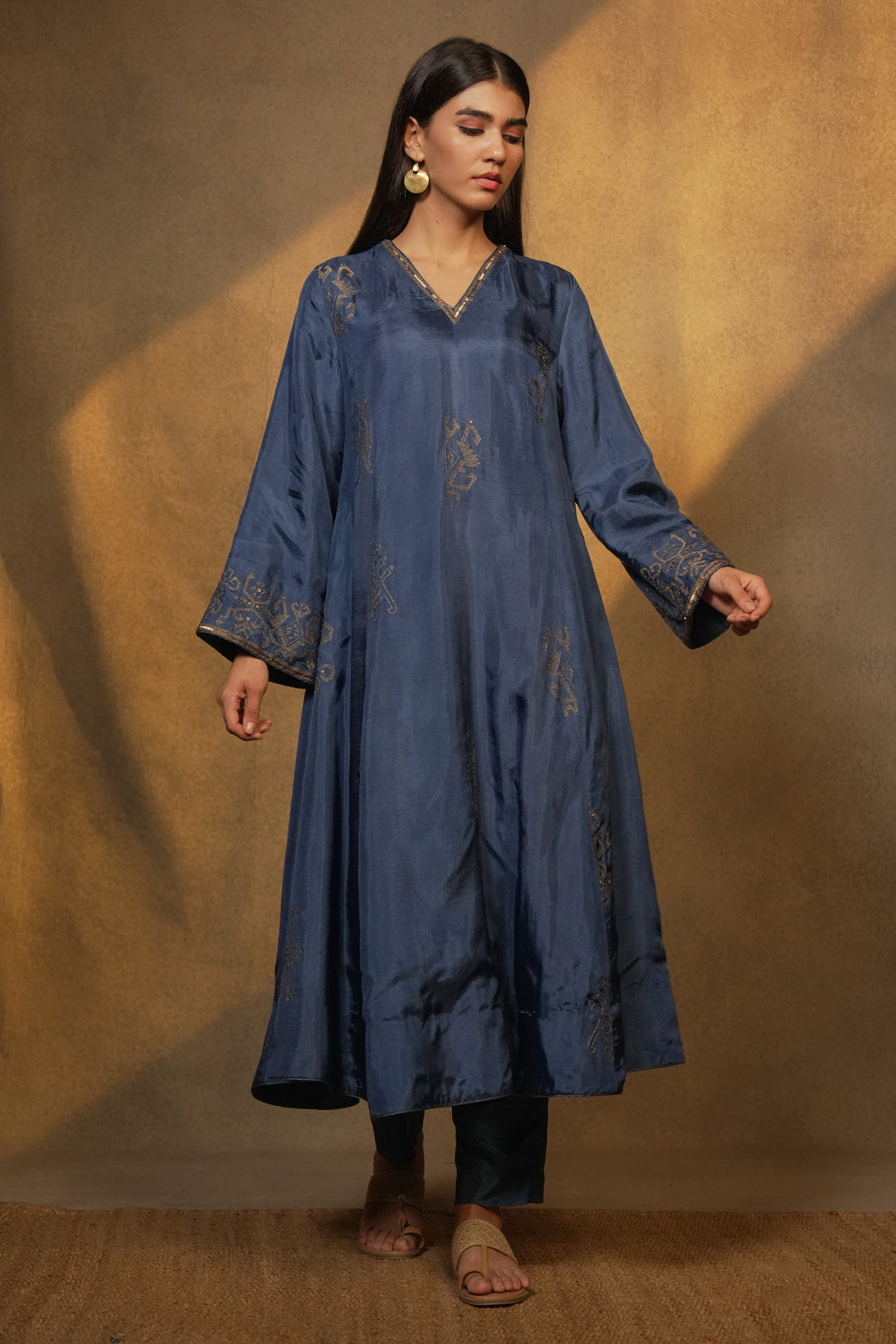 Blue Hand Embroidered Silk Kurta with Pants and Organza Dupatta