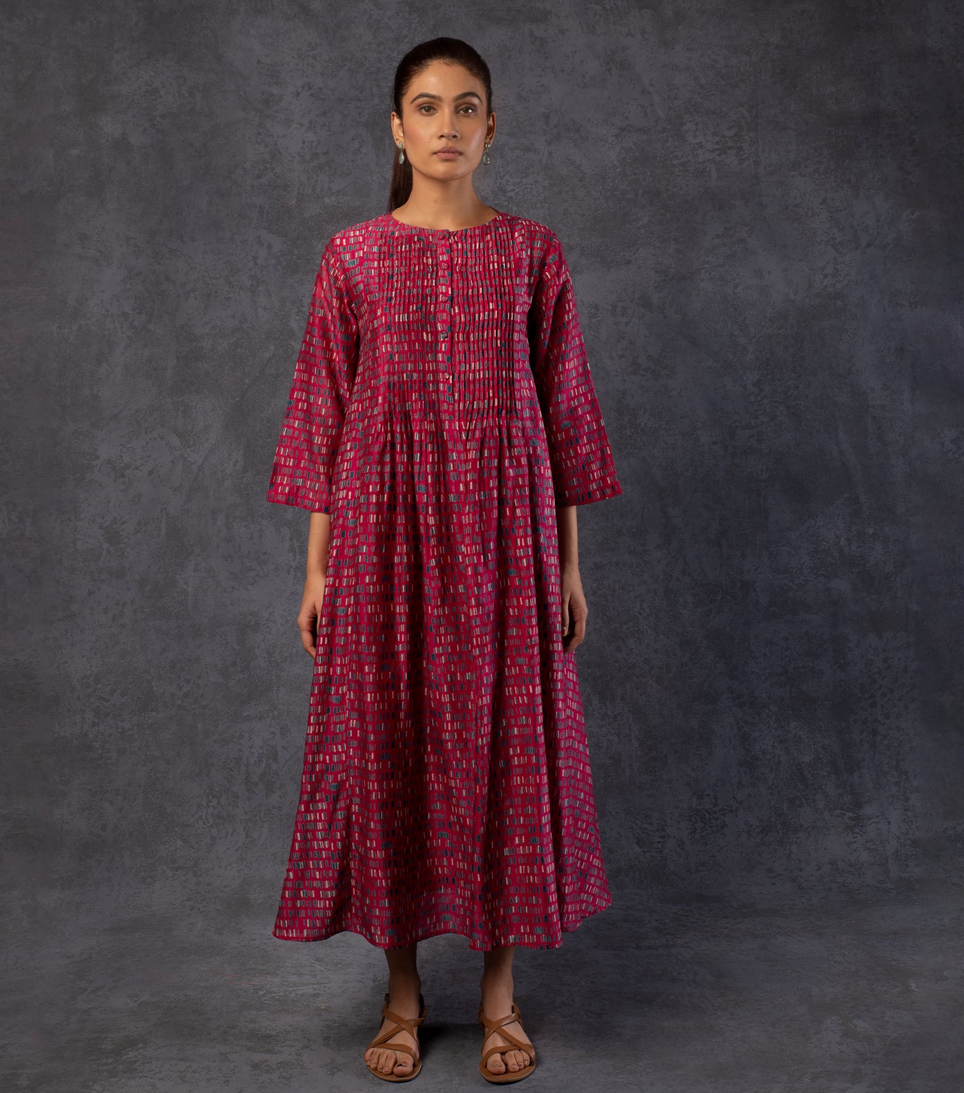 Burgundy Brick Printed Chanderi Dress