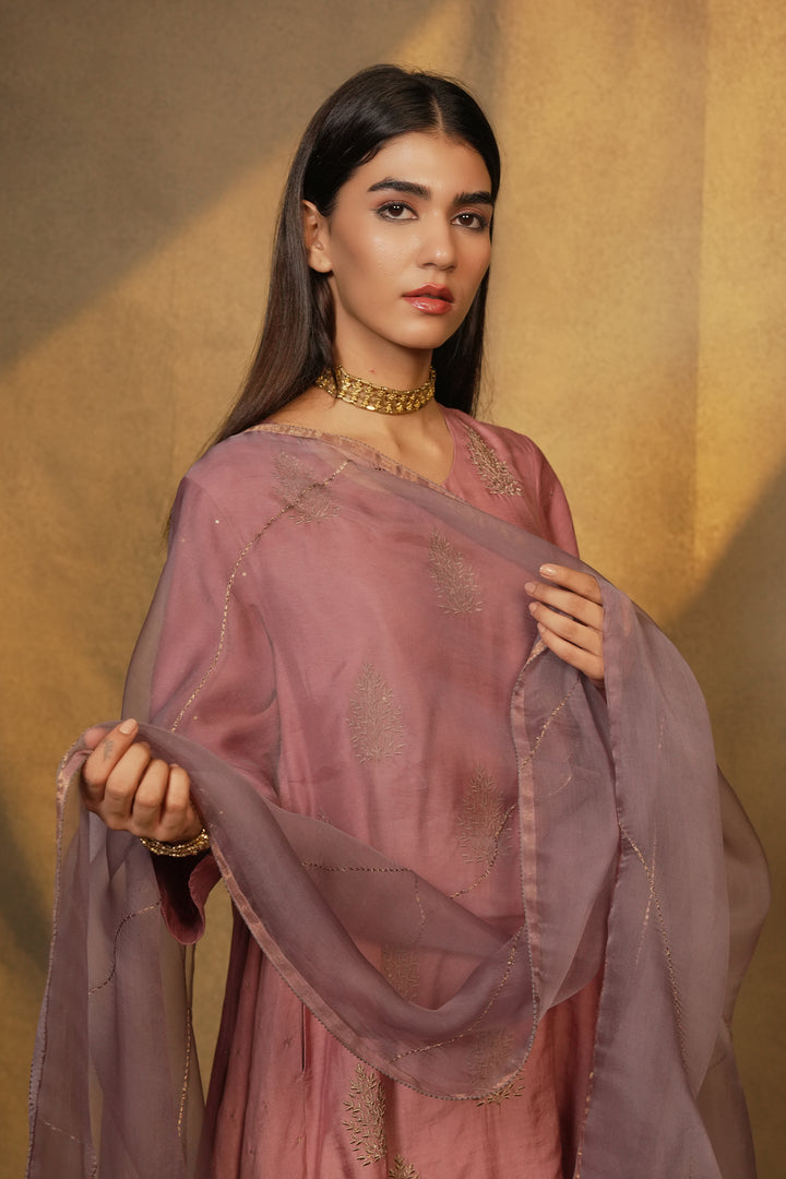 Mauve Hand Embroidered Organza Dupatta