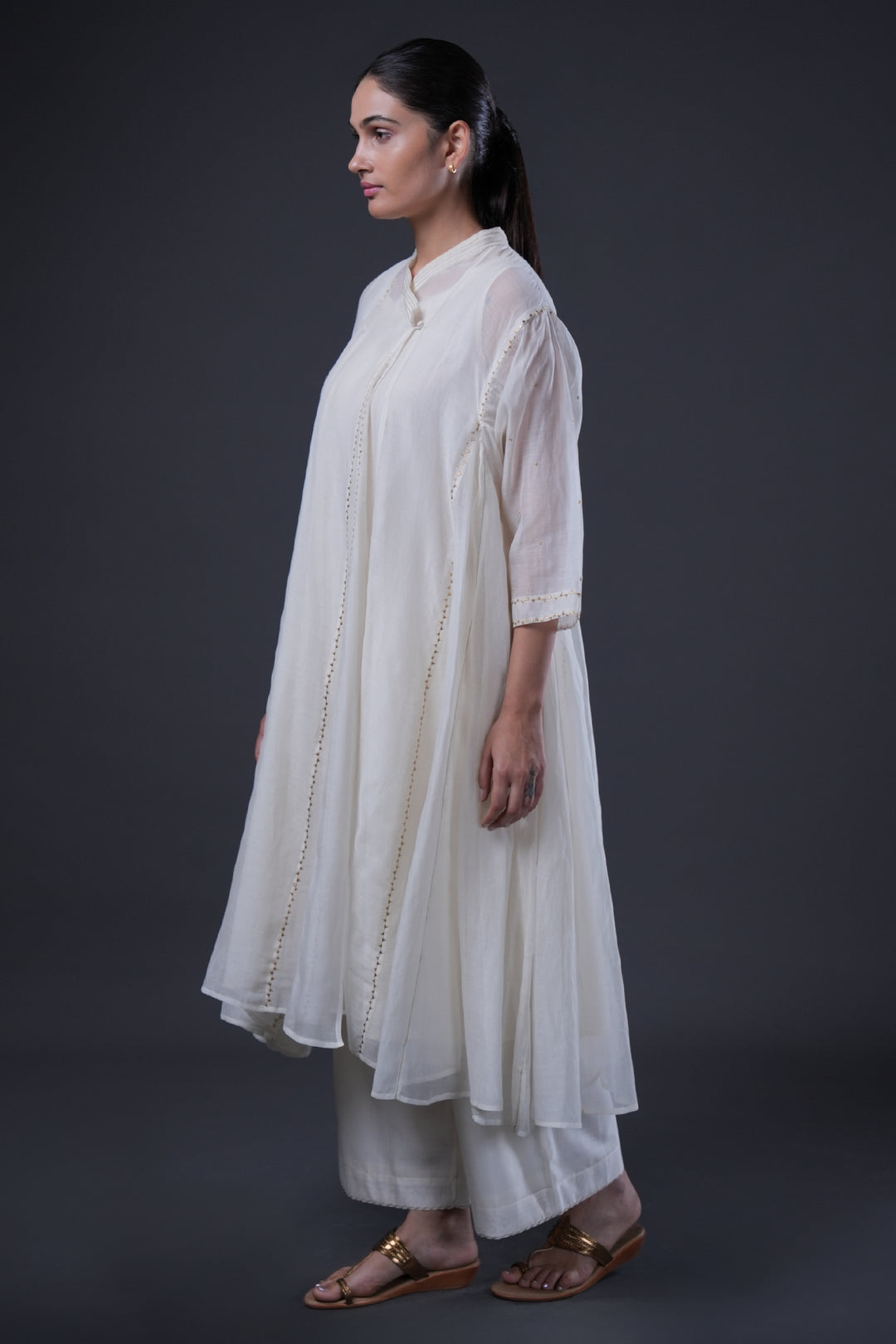 Natural Embroidered Chanderi Choga