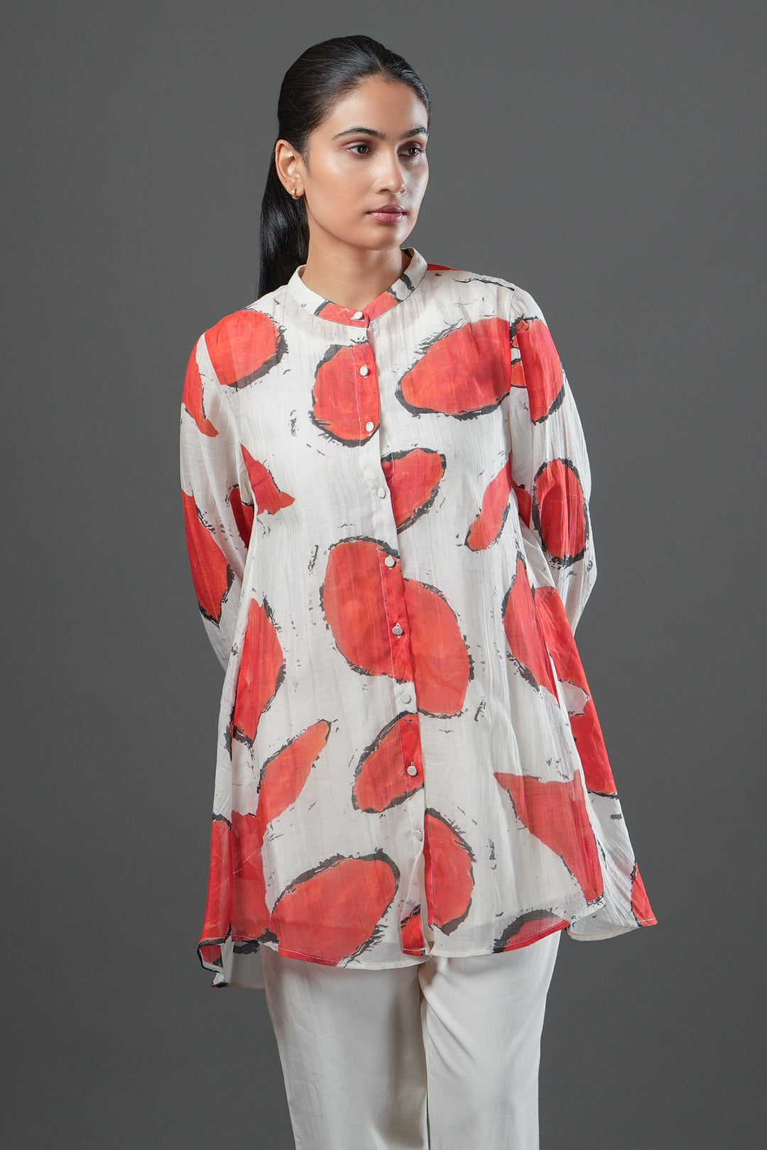 Off-White and Red Abstract Printed Chanderi Oversized Shirt