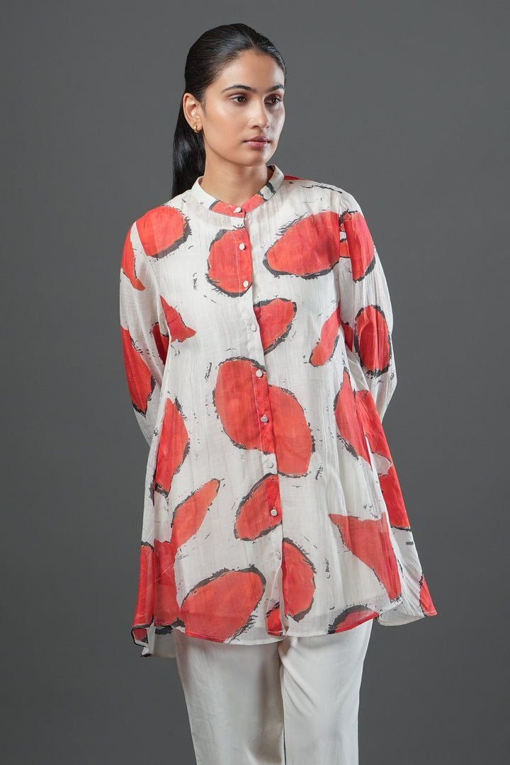 Off-White and Red Abstract Printed Chanderi Oversized Shirt
