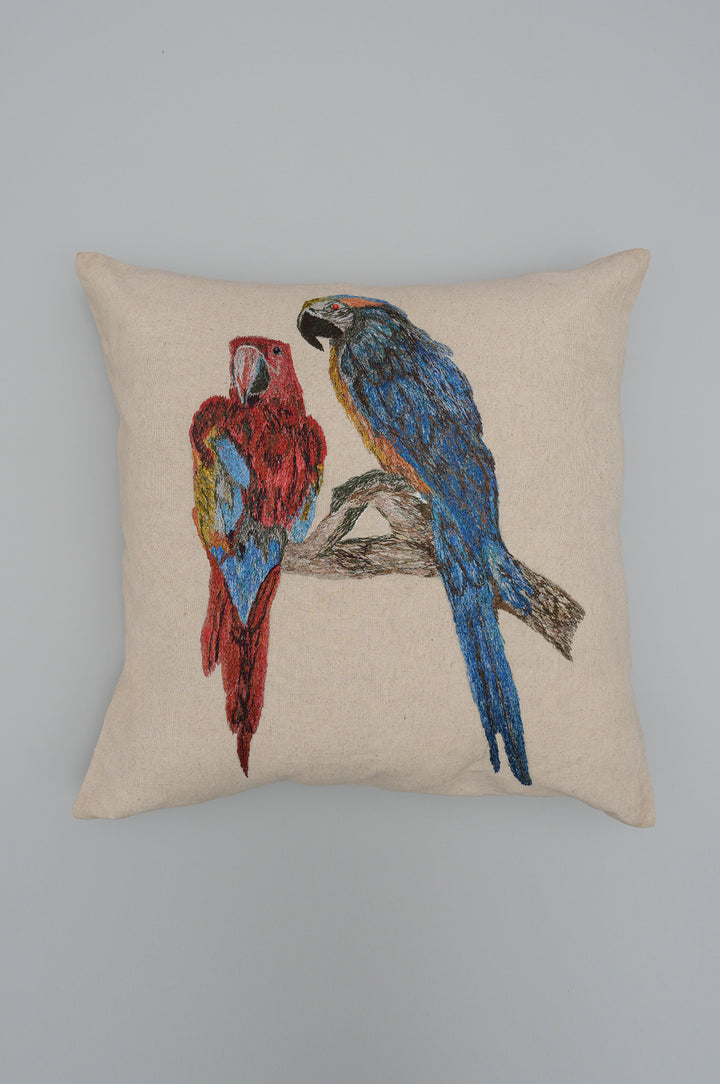 Tropical Parrots Embroidered Cushion Cover
