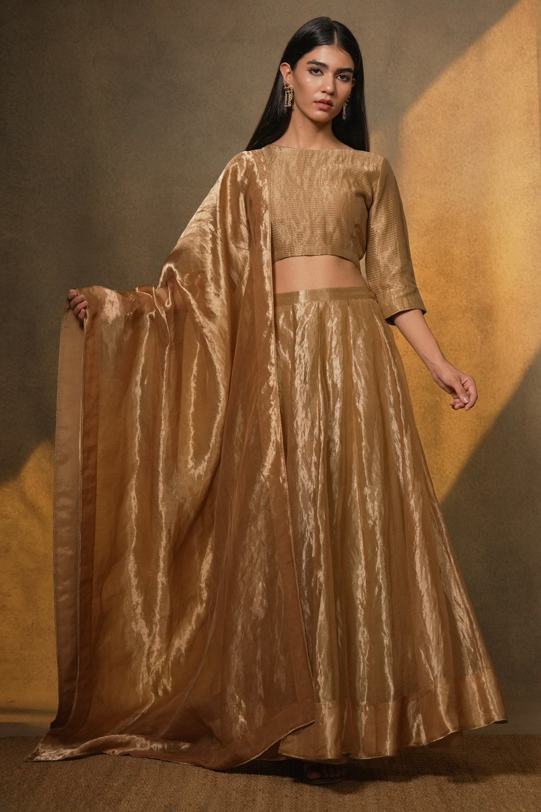 Golden Stripe Tissue Blouse with Lehenga and Dupatta
