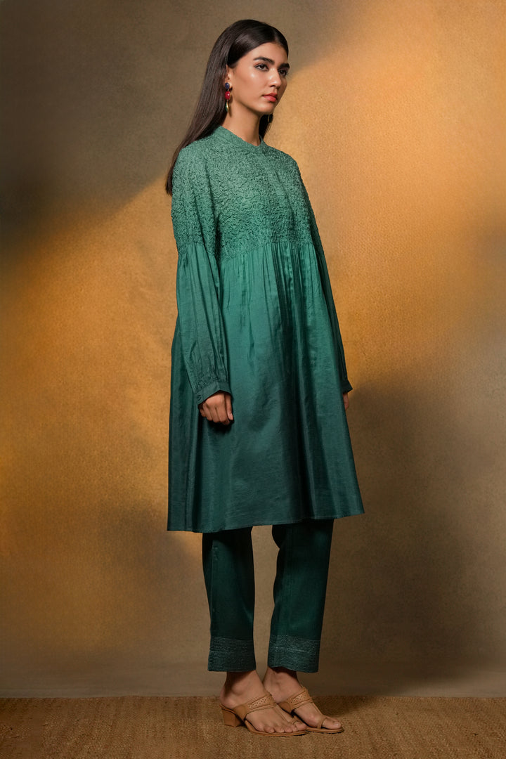 Turquoise Embroidered Silk Tunic with Slip