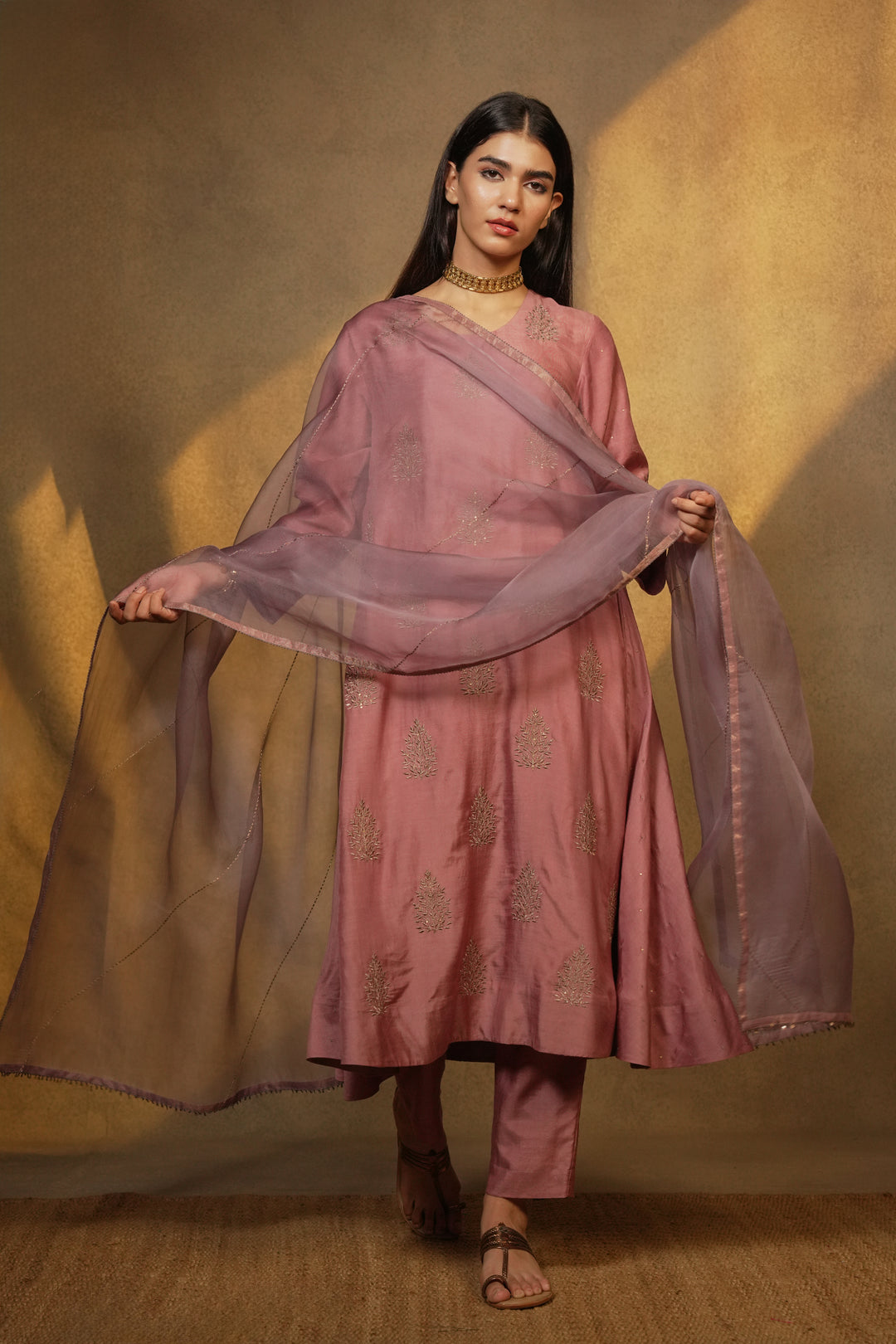 Mauve Hand Embroidered Organza Dupatta