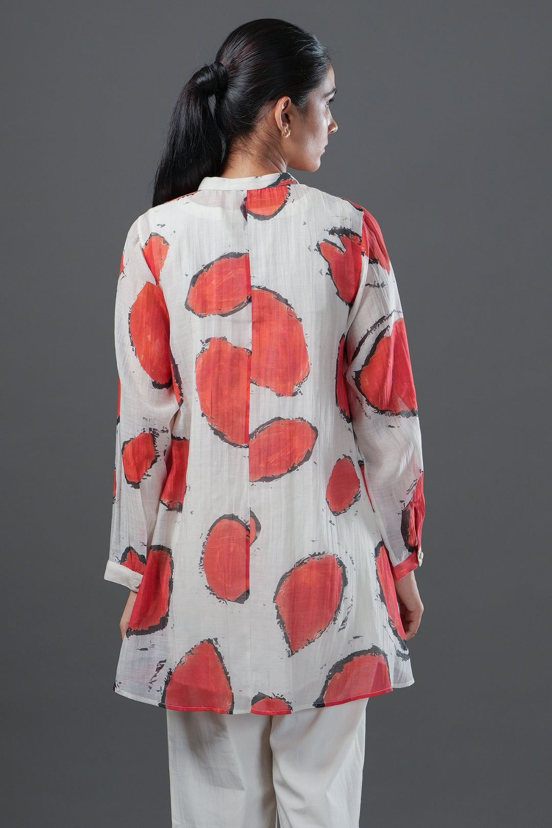 Off-White and Red Abstract Printed Chanderi Oversized Shirt