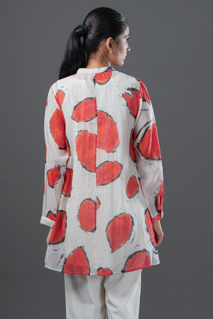 Off-White and Red Abstract Printed Chanderi Oversized Shirt