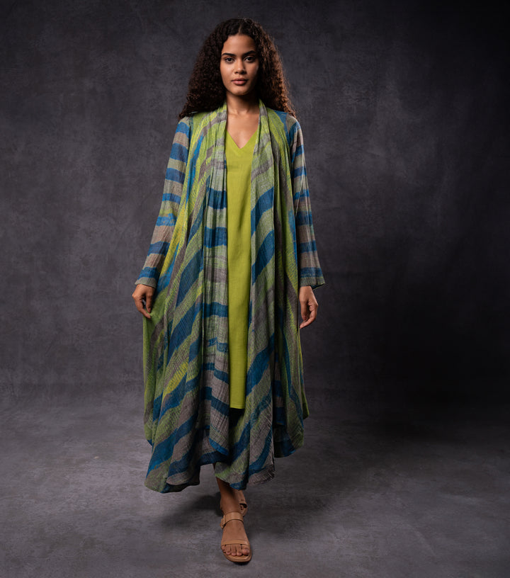 Teal and Green Printed Cotton Silk Cape Set