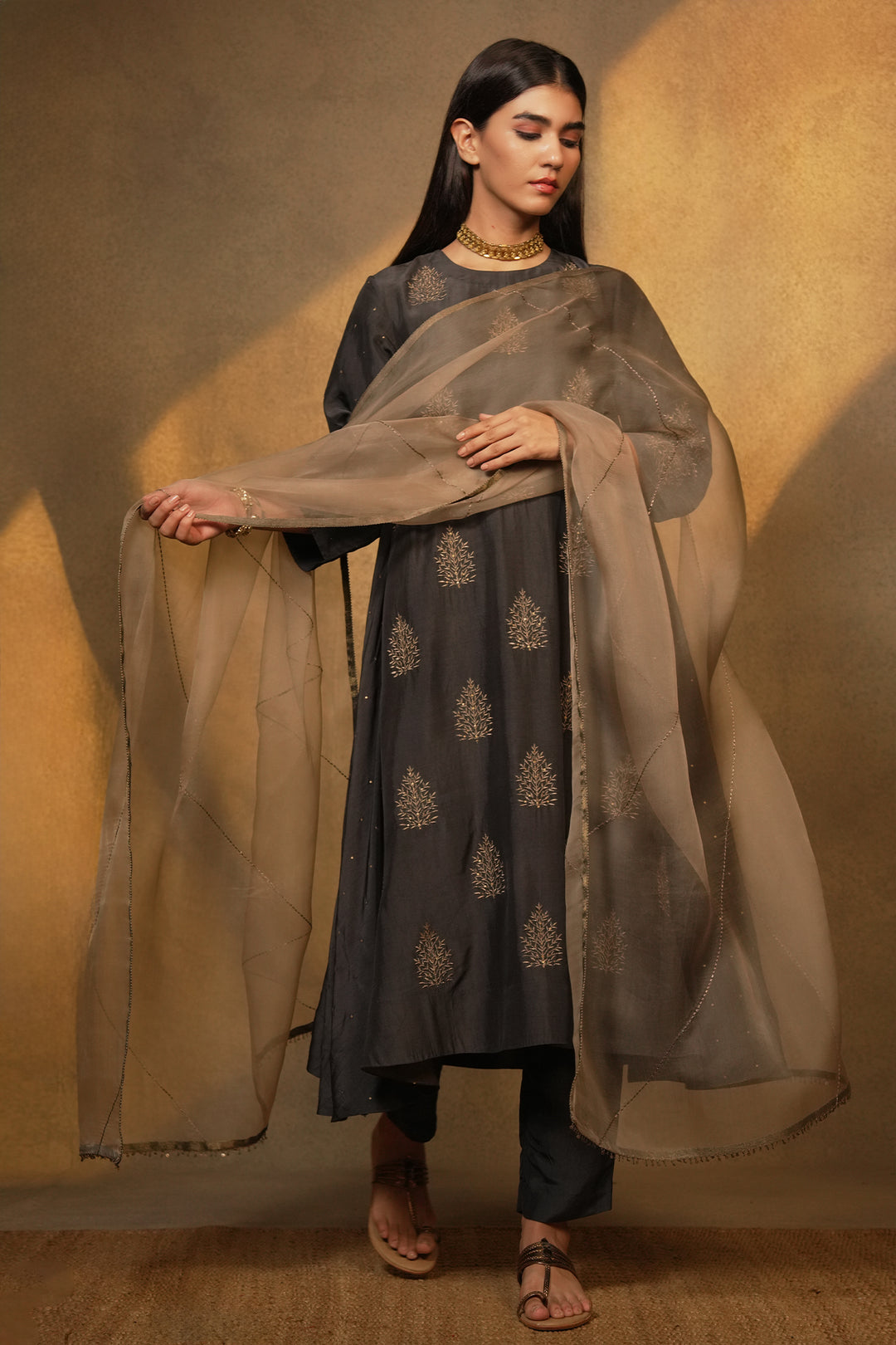 Charcoal Hand Embroidered Cotton Silk Kurta with Pants and Dupatta