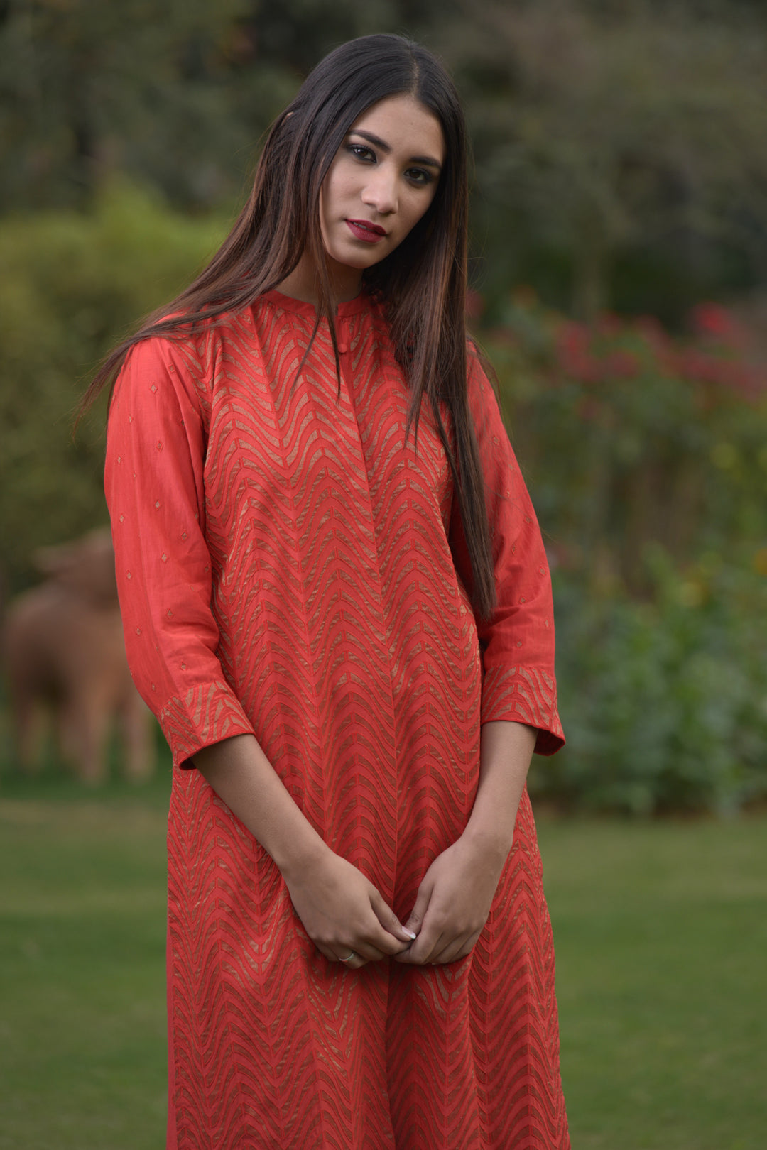 Red Silk Chanderi Embroidered Kurta