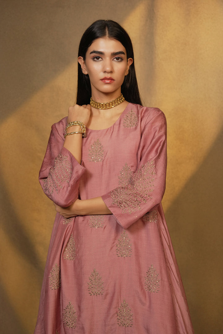 Onion Pink Hand Embroidered Cotton Silk Kurta with Pants and Dupatta