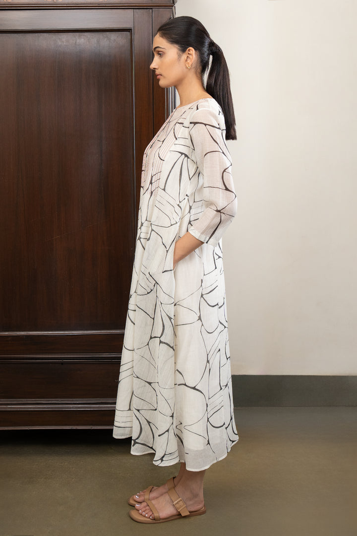 Off White Cotton Dress with Black Abstract Print