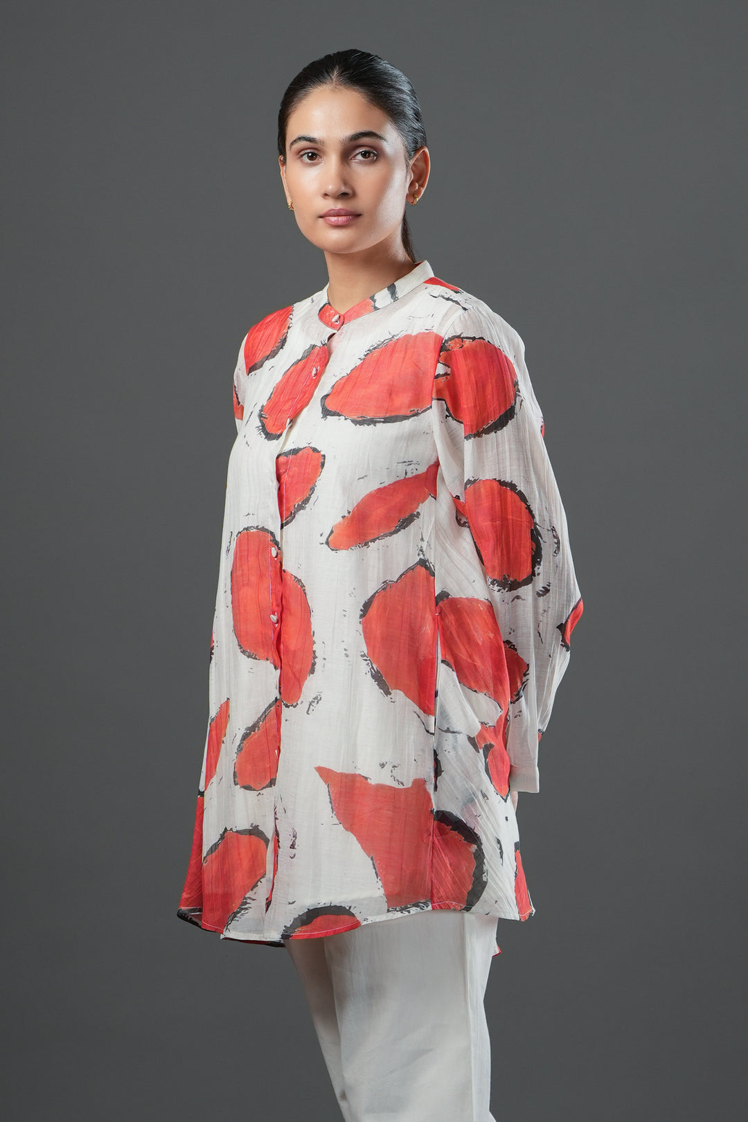 Off-White and Red Abstract Printed Chanderi Oversized Shirt