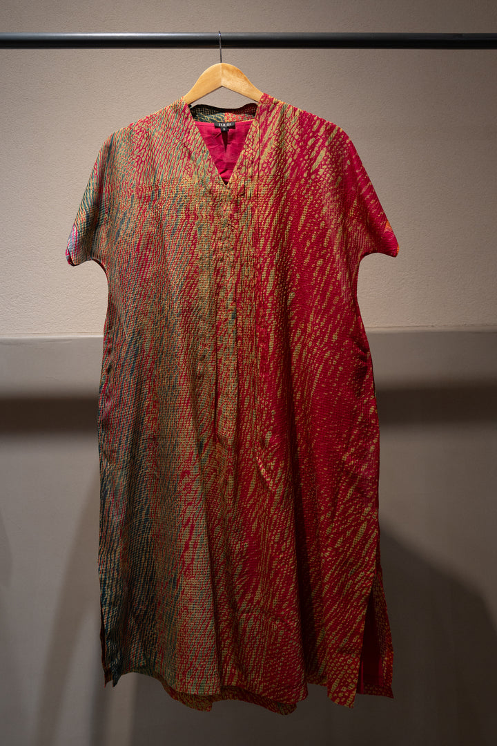 Pink Green Shibori Cotton Silk Kurta