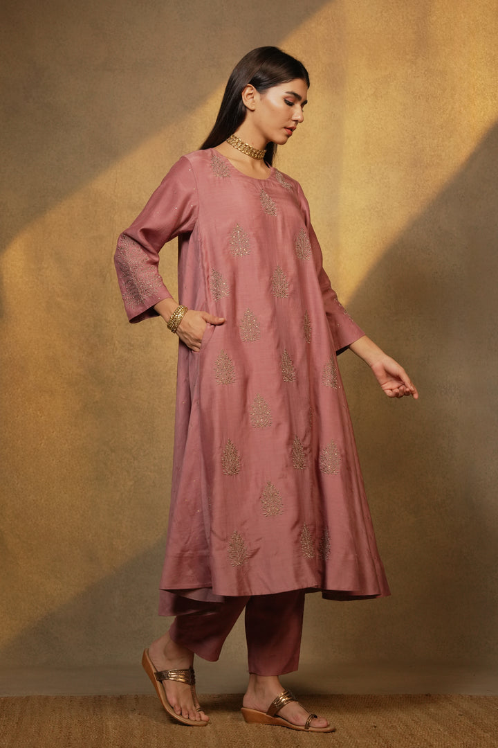 Onion Pink Hand Embroidered Cotton Silk Kurta with Pants and Dupatta