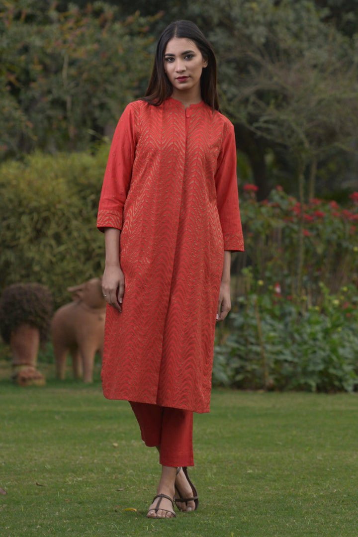 Red Silk Chanderi Embroidered Kurta