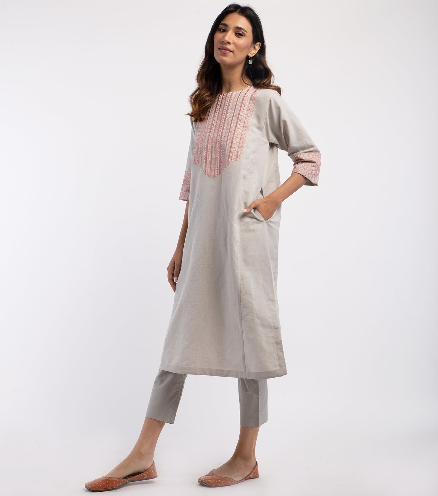 Grey Cotton Linen embroidered Kurta