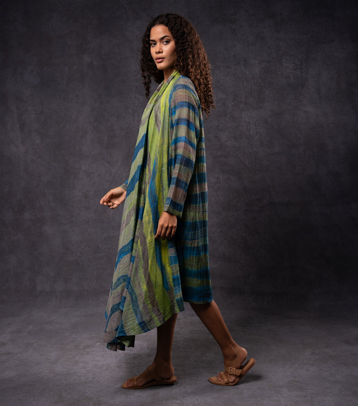Teal and Green Printed Cotton Silk Cape Set