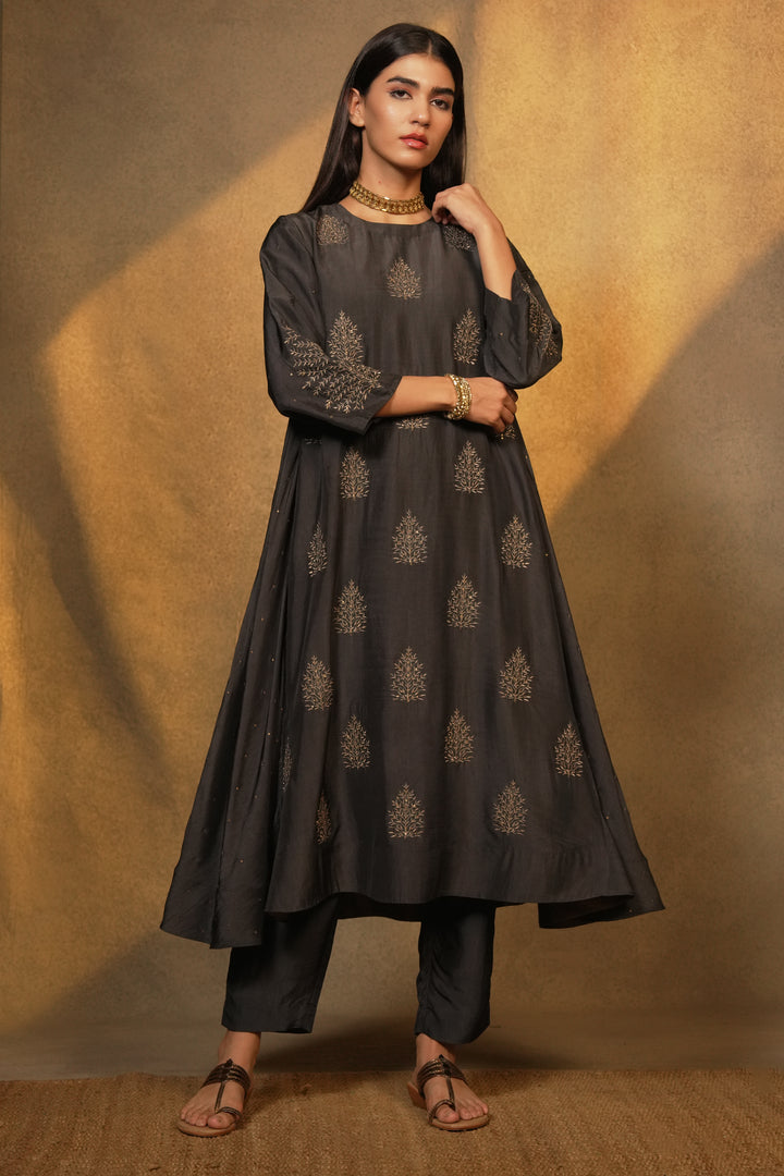 Charcoal Hand Embroidered Cotton Silk Kurta with Pants and Dupatta