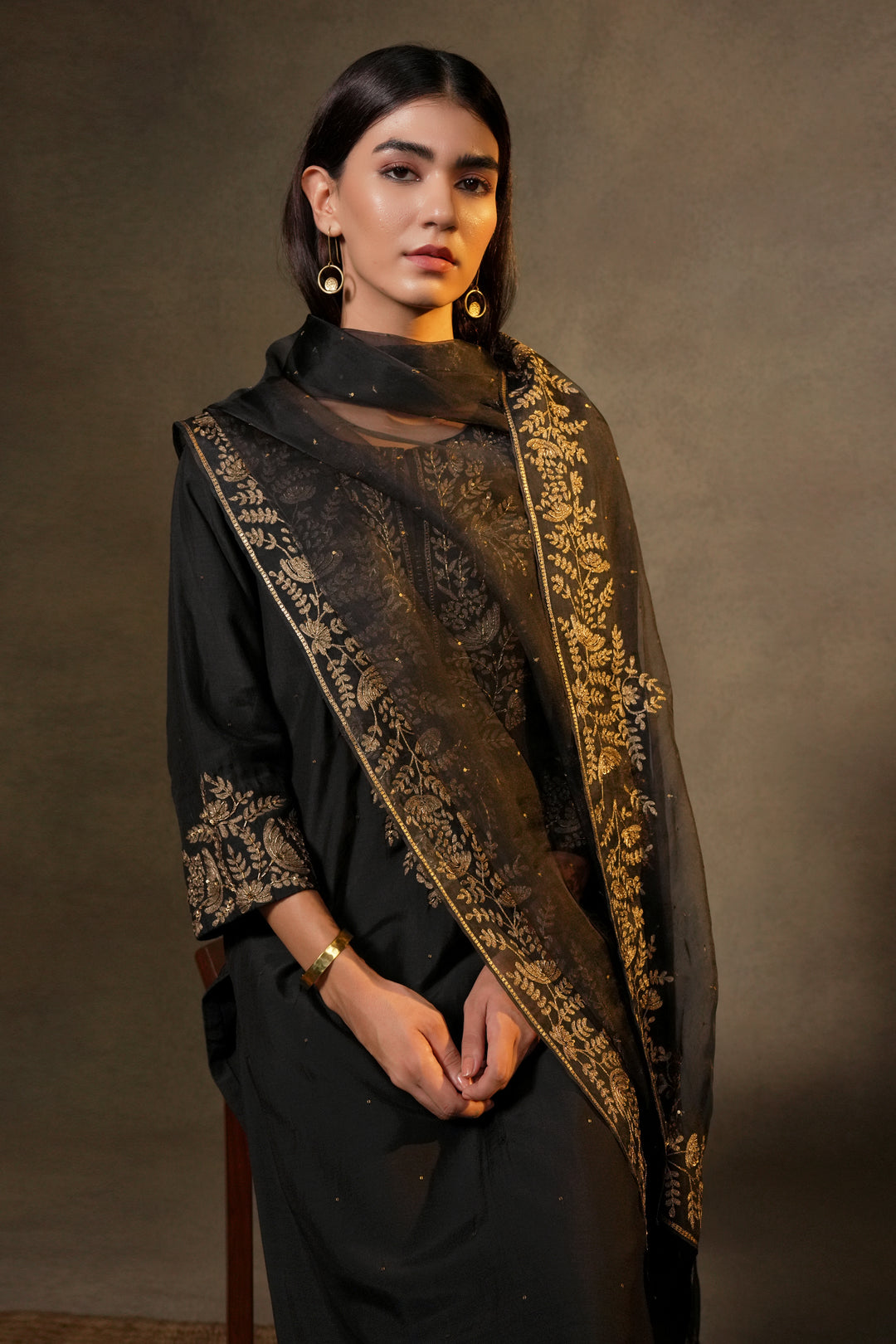 Black Hand Embroidered Cotton Silk Kurta with Pants and Organza Dupatta