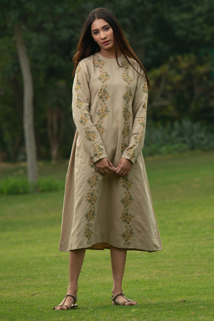 Beige embroidered linen dress