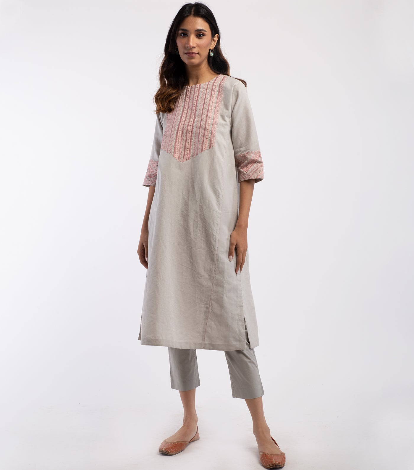 Grey Cotton Linen embroidered Kurta