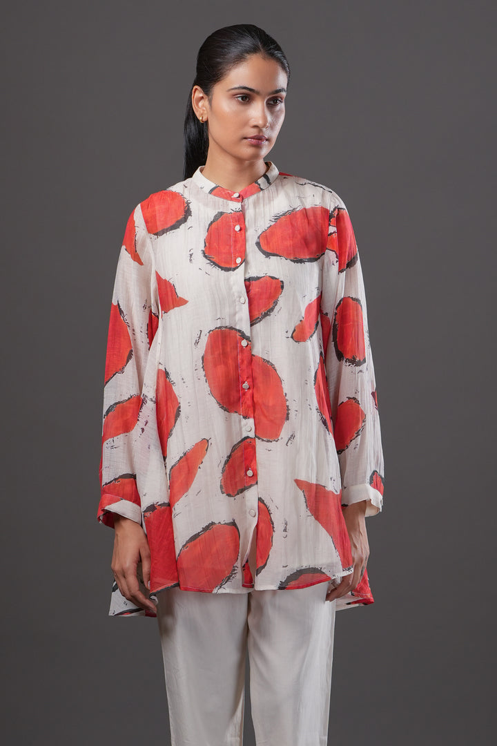 Off-White and Red Abstract Printed Chanderi Oversized Shirt