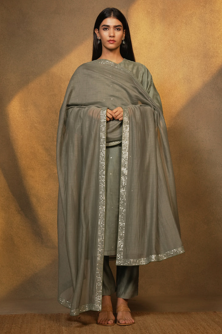 Moss Green Chanderi Kurta with Pants and Dupatta